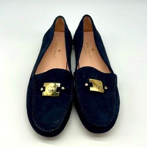 Kate Spade - Carmen Navy Suede Gold Logo Round Toe Driving Loafer Size 8